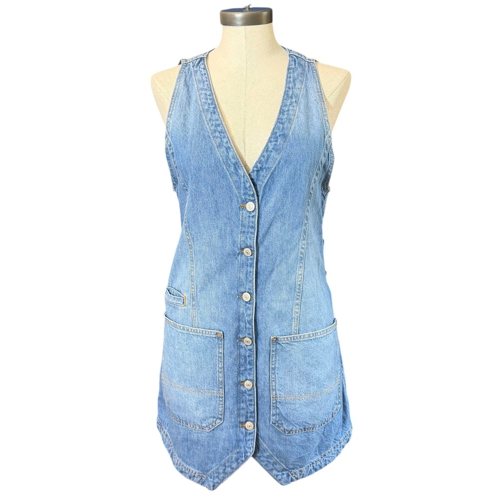 We The Free Free People Light Wash Denim Button Front Vest Mini Dress Medium - Picture 2 of 10